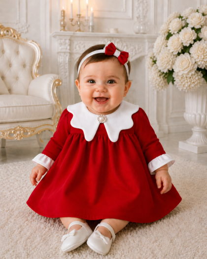 Rochie botez fetiță roșie cu guler alb și broșă perlată