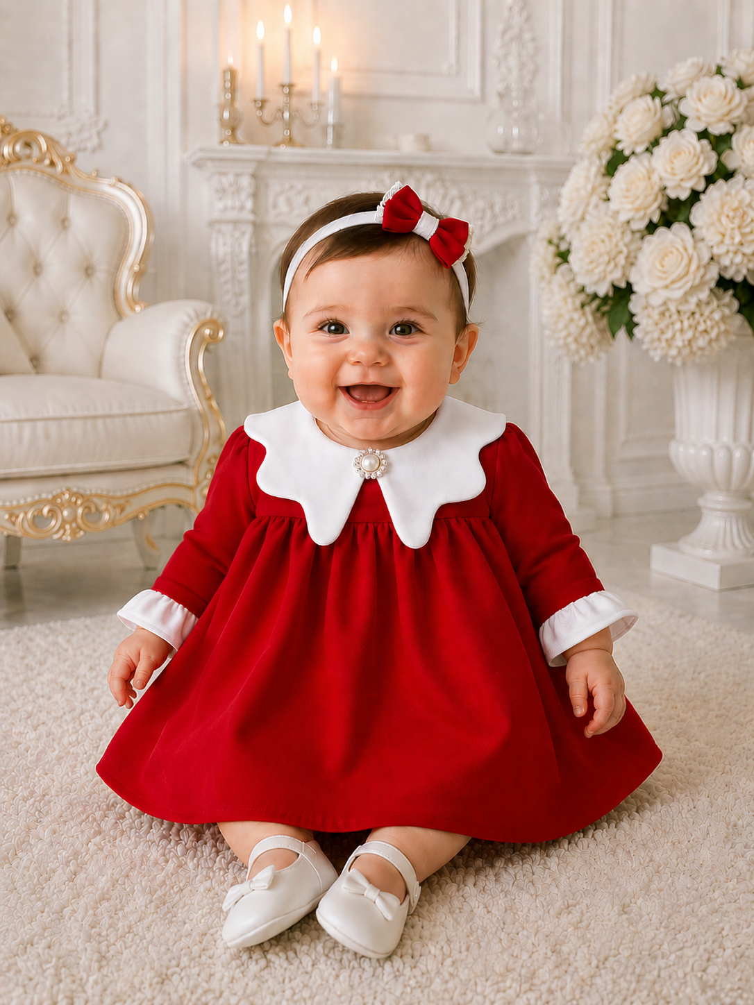 Rochie botez fetiță roșie cu guler alb și broșă perlată