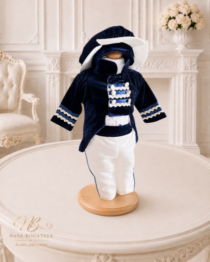 Costum botez băiat bleumarin cu pălărie și dantelă