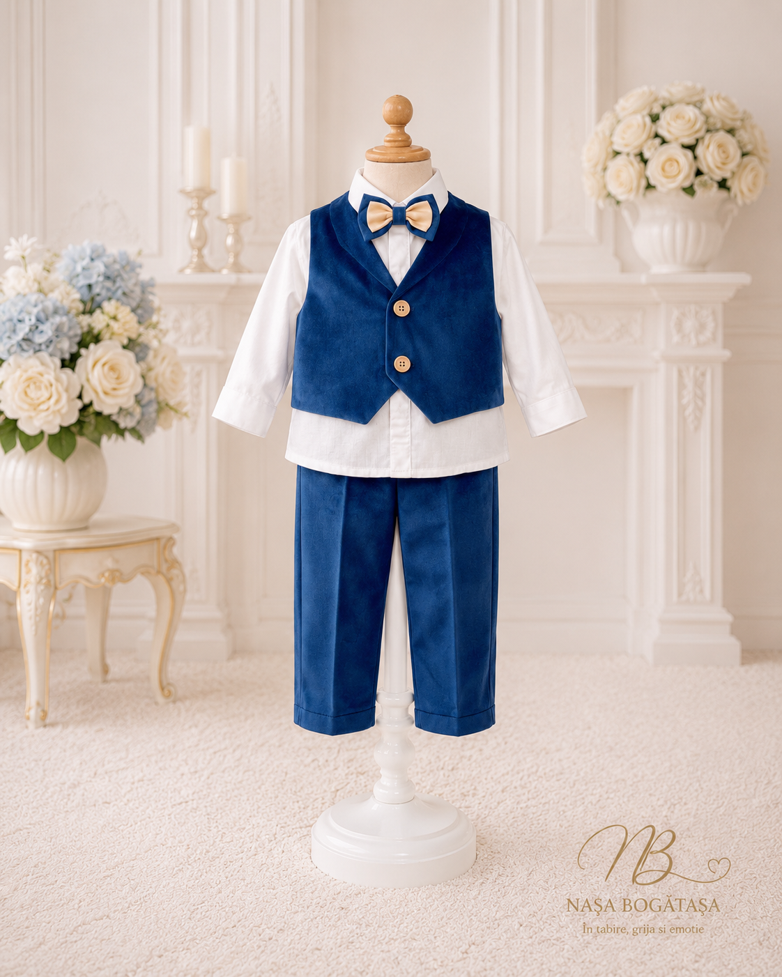 Costum botez băiat albastru regal cu papion auriu