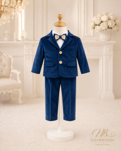 Costum botez băiat albastru regal cu sacou și vestă
