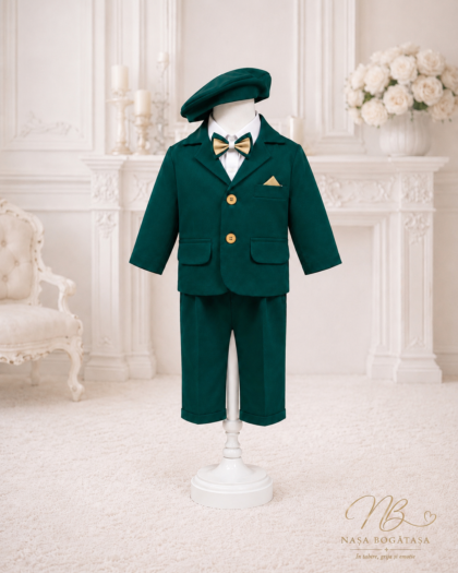 Costum botez băiat verde smarald cu beretă și papion