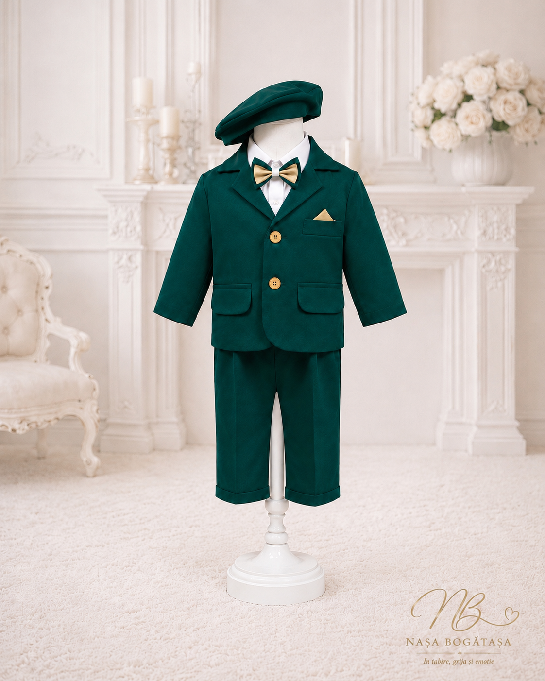 Costum botez băiat verde smarald cu beretă și papion