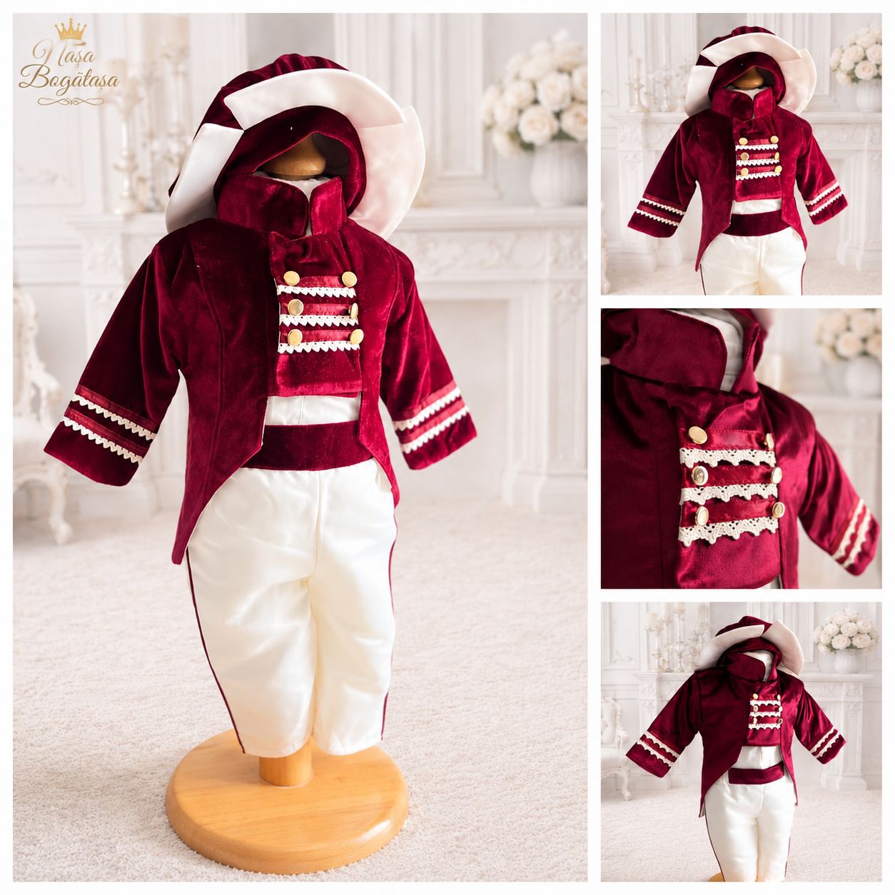Costum de ceremonie bordo pentru băiețel cu detalii aurii