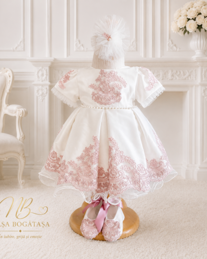 Rochie de botez fetiță albă cu broderie roz Élodie