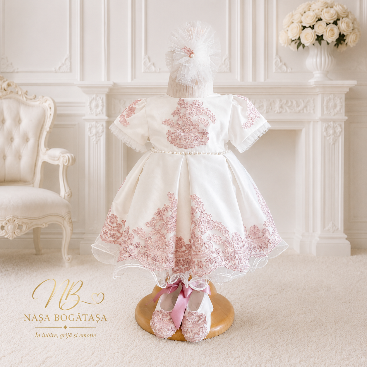 Rochie de botez fetiță albă cu broderie roz Élodie