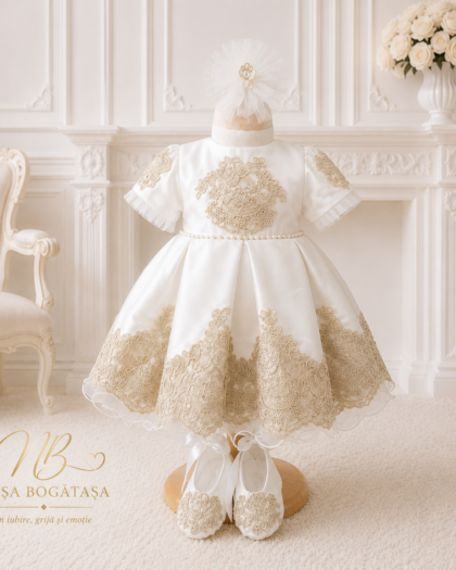 Rochie de botez fetiță albă cu broderie aurie Aurelia