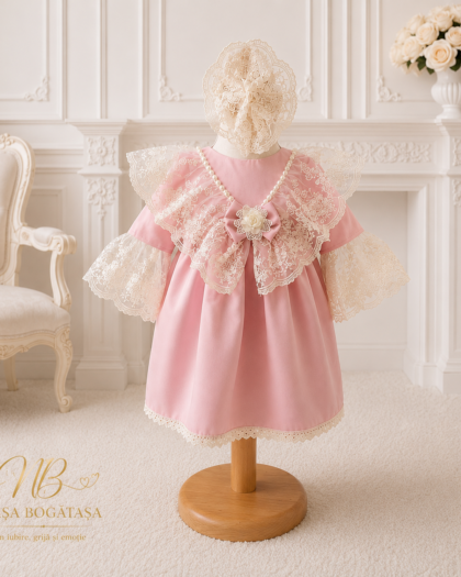 Rochie de botez fetiță cu fundă din dantelă Roseline