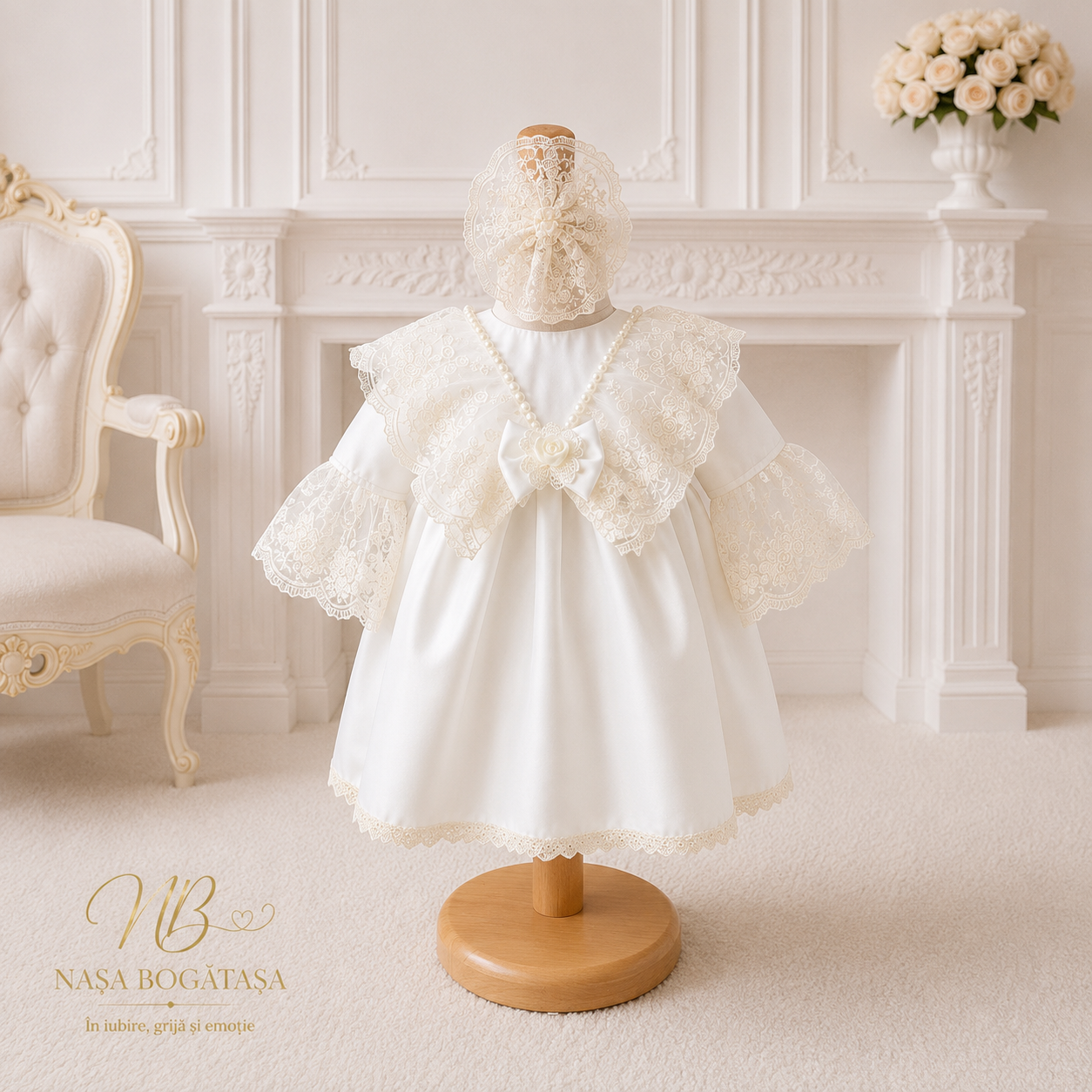 Rochie de botez fetiță albă cu fundă din dantelă Céleste