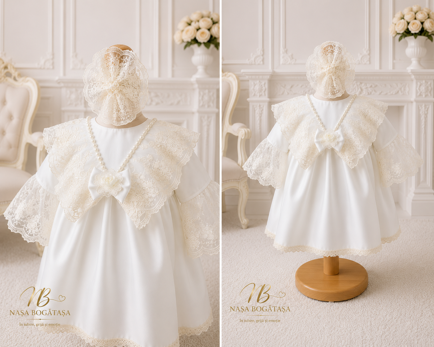 Rochie albă pentru fetiță cu fundă supradimensionată și perle