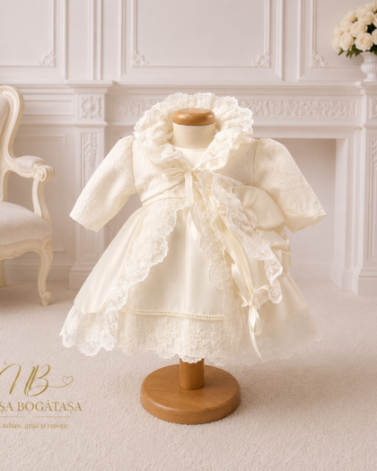 Rochie de botez fetiță ivoire cu guler din dantelă Madeleine