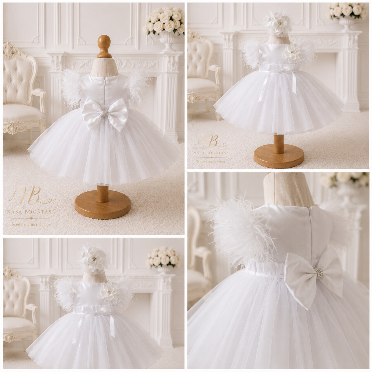 Rochie albă de botez cu floare 3D și fustă din tulle