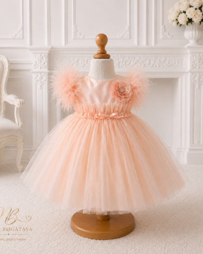 Rochie de botez fetiță piersică cu floare 3D Alizée