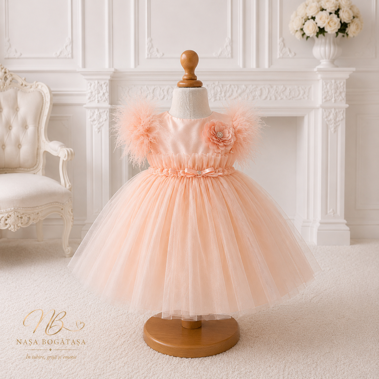Rochie de botez fetiță piersică cu floare 3D Alizée