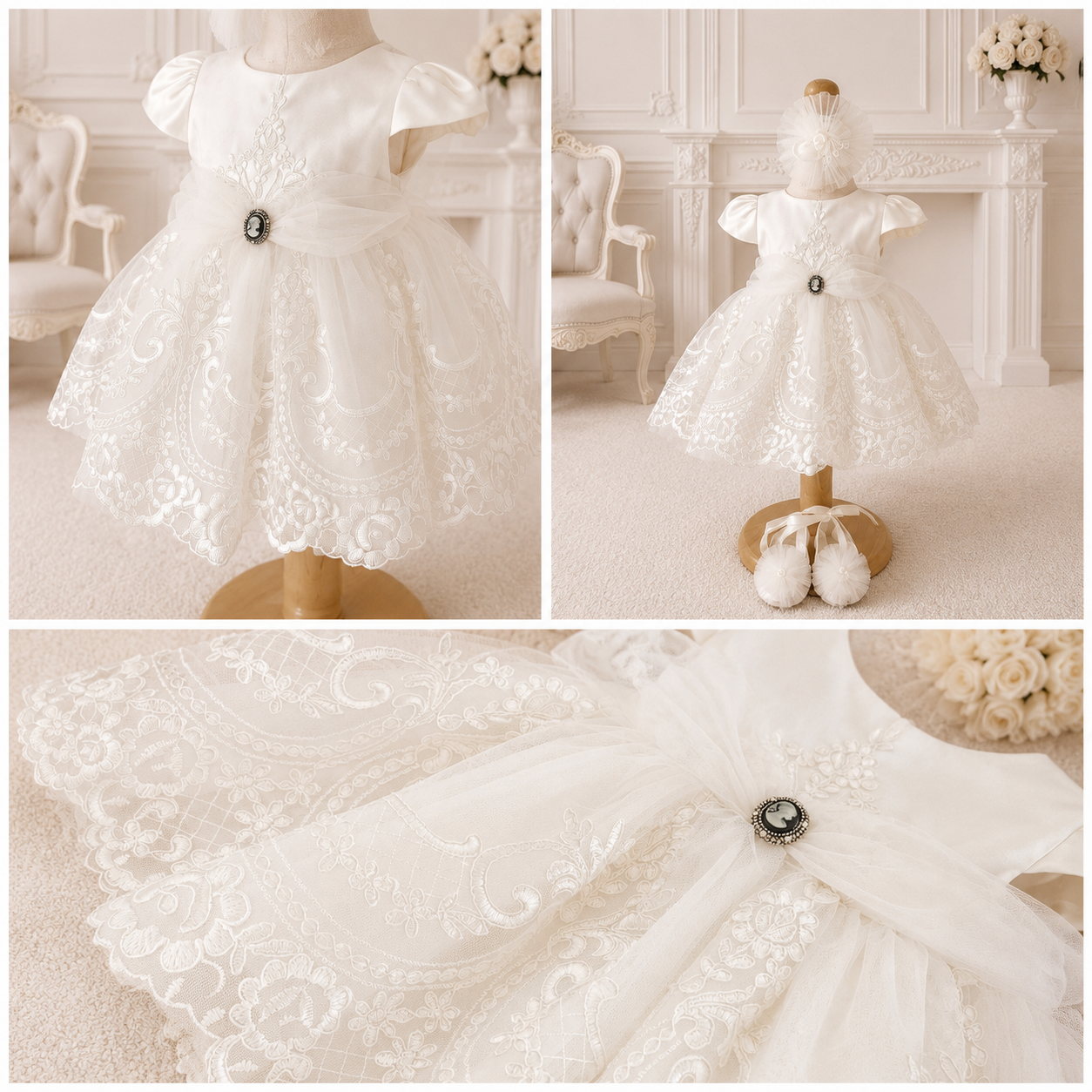 Rochie albă de botez cu broderie florală și medalion tip camee
