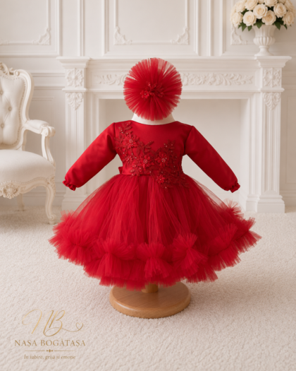 Rochie de botez fetiță roșie cu broderie florală Rubina