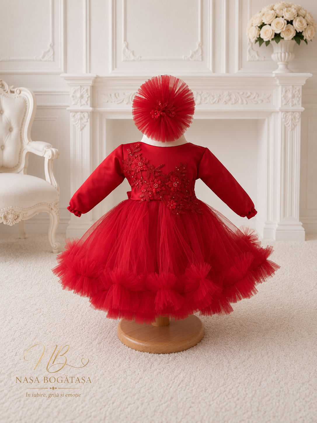 Rochie de botez fetiță roșie cu broderie florală Rubina