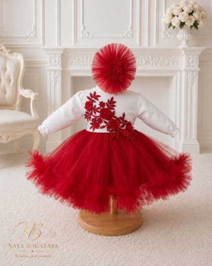 Rochie de botez fetiță roșie Scarlett prezentată din spate