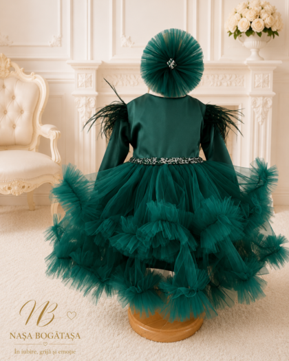 Rochie de botez fetiță roz pudră Rosalie prezentată frontal