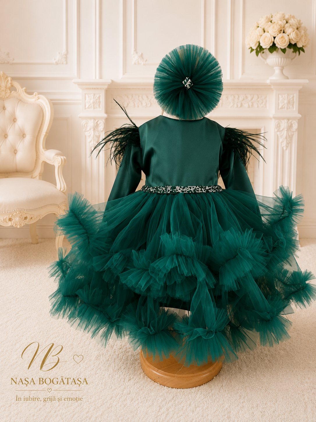 Rochie de botez fetiță roz pudră Rosalie prezentată frontal