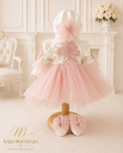 Rochie de botez fetiță cu bonetă și tulle roz Adélie