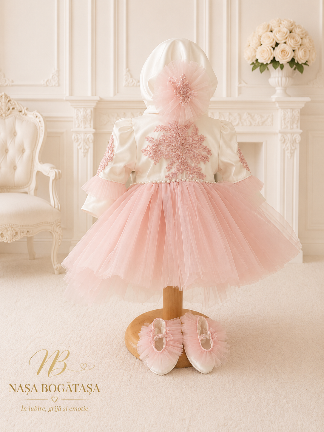 Rochie de botez fetiță cu bonetă și tulle roz Adélie