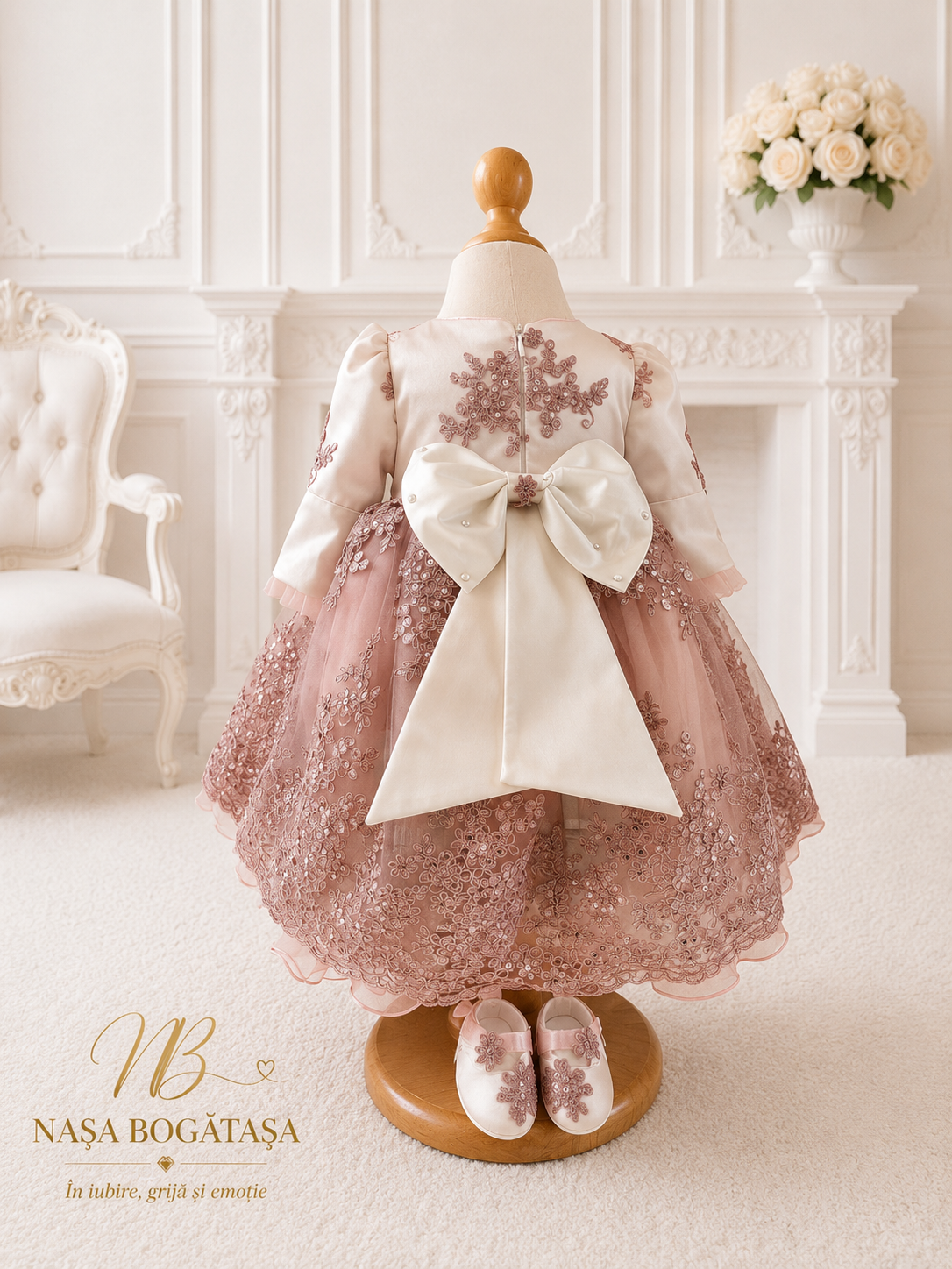 Fustă amplă din tulle roz vintage cu bordură florală brodată