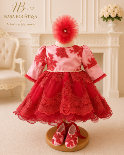 Rochie de botez fetiță roșie cu fundă albă Valentina, vedere din spate