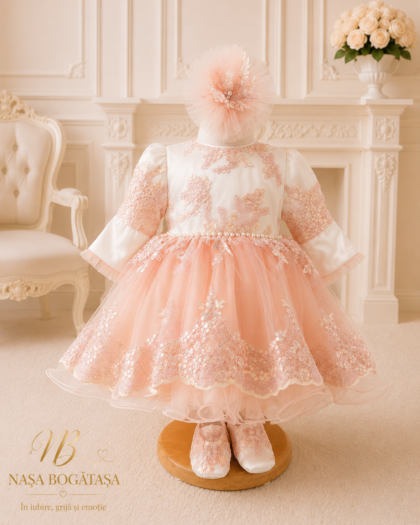 Rochie de botez fetiță albă și piersică Coralie cu fustă amplă