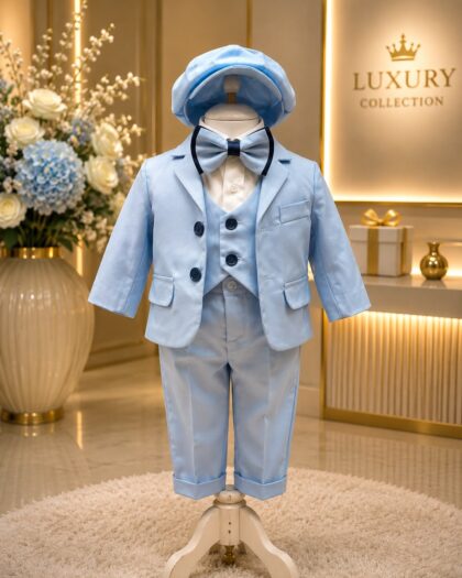Costum botez băiat bleu deschis cu șapcă