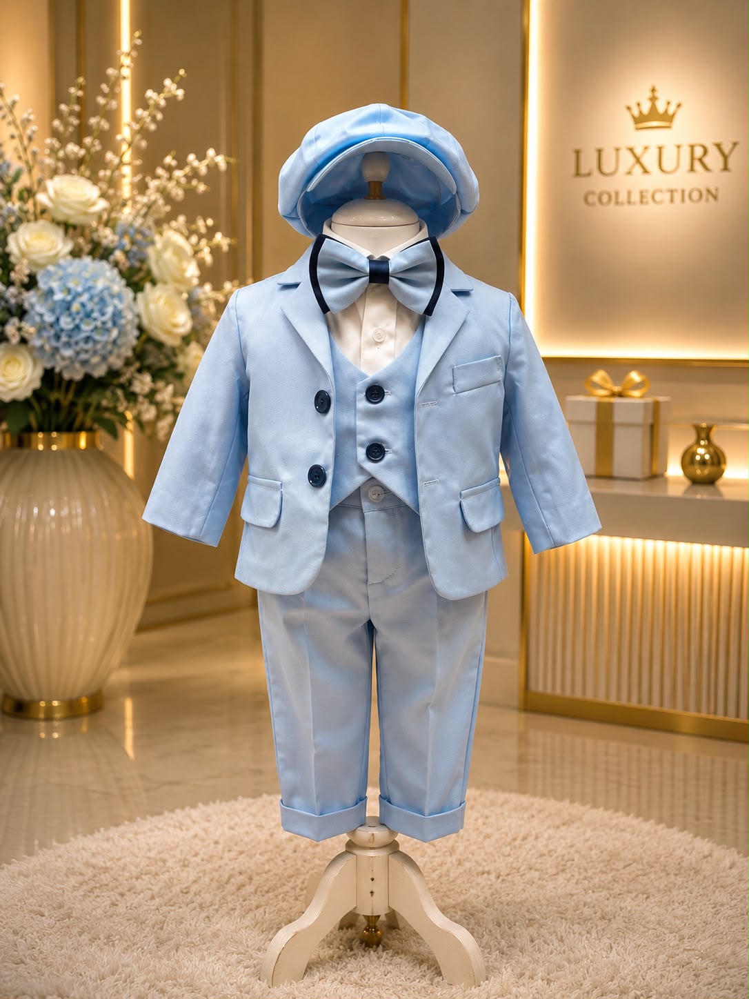 Costum botez băiat bleu deschis cu șapcă