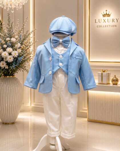 Costum botez băiat bleu cu pantaloni albi
