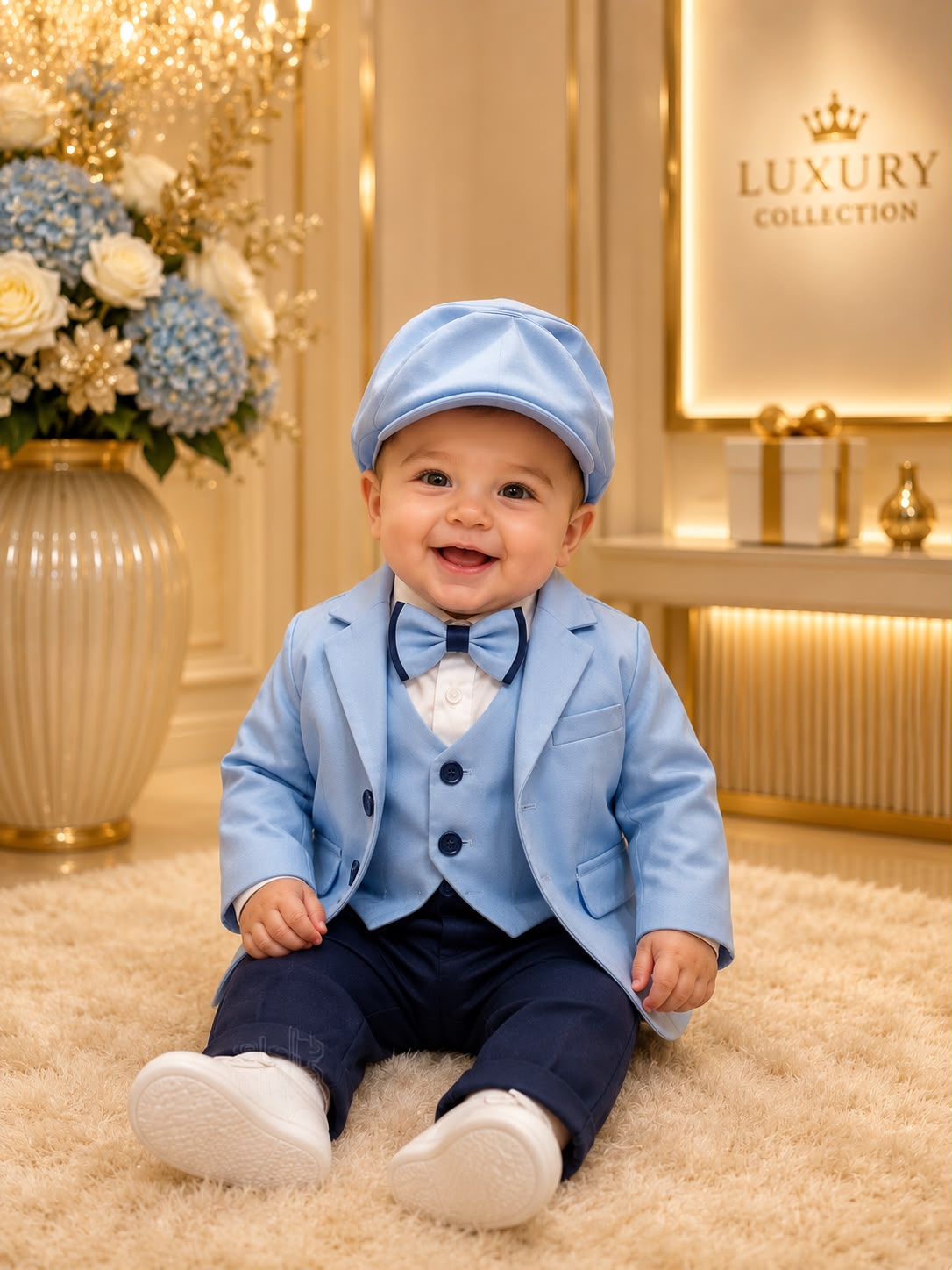 Costum botez băiat bleu cu sacou și vestă