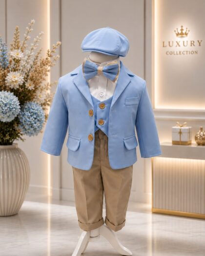 Costum botez băiat bleu cu pantaloni bej