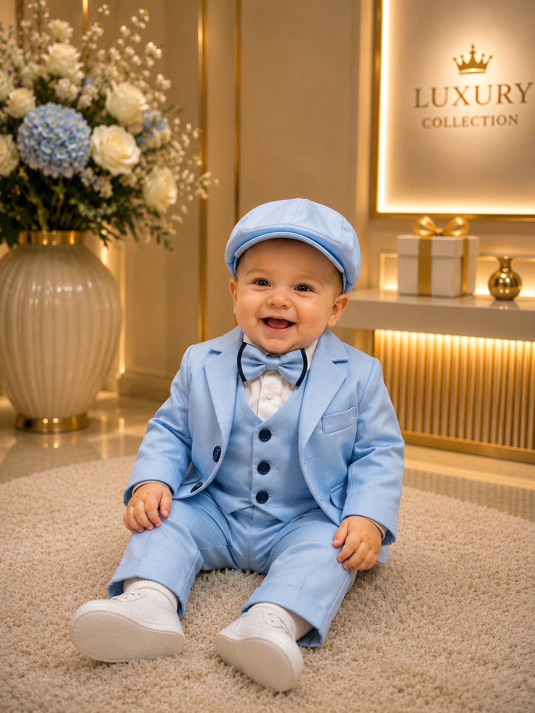 Costum botez băiat bleu deschis cu sacou și vestă