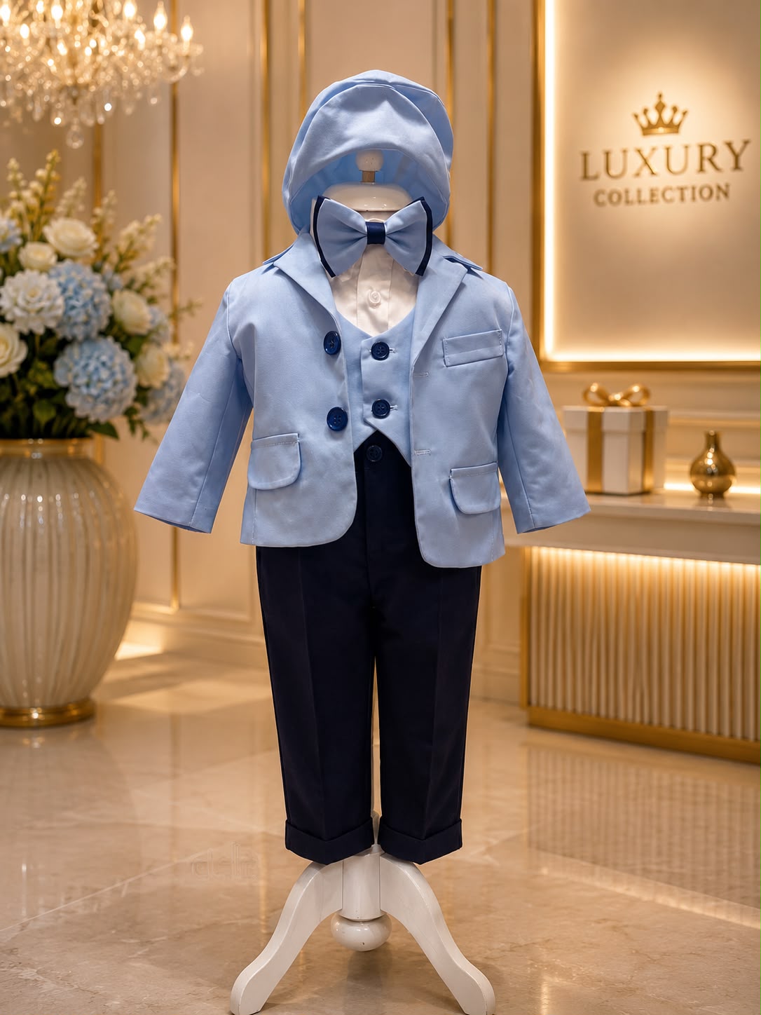 Costum botez băiat bleu cu șapcă și papion