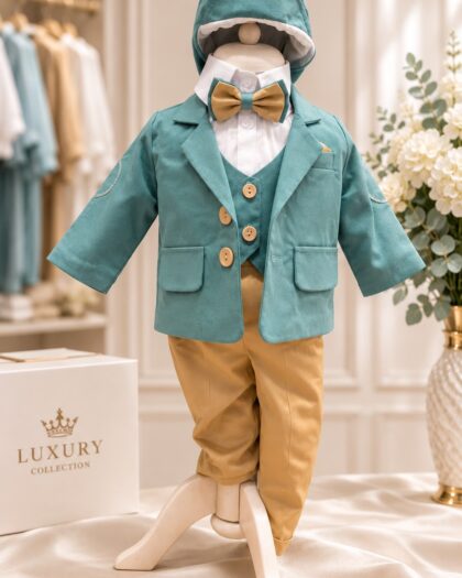 Costum botez băiat turcoaz cu pantaloni crem