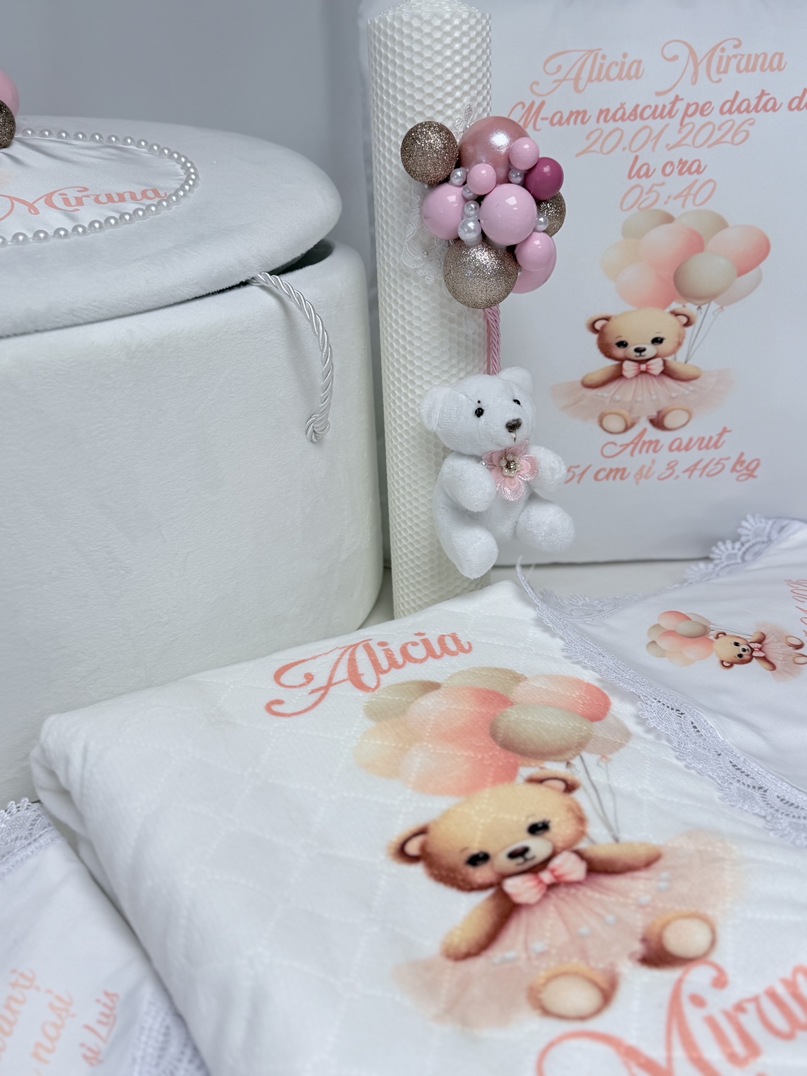 Trusou de botez personalizat de lux pentru fetiță alb și roz Rêve de Ballerine – ursuleț balerină cu balonașe - imagine 5