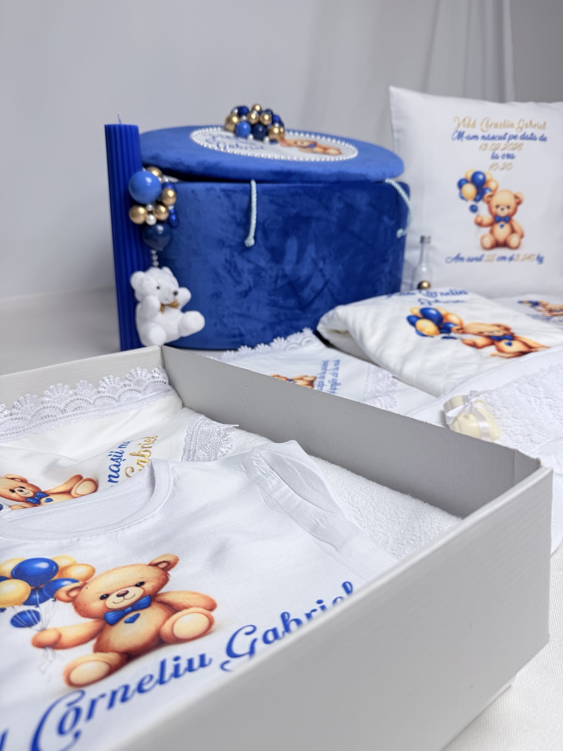 Pachet complet de botez LUX pentru băiețel albastru regal Ourson Bleu d’Or – ursuleț cu balonașe - imagine 2