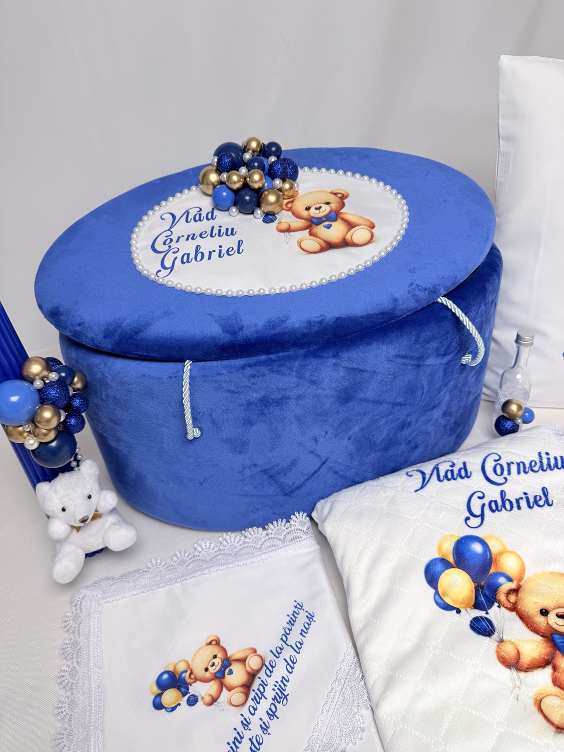 Pachet complet de botez LUX pentru băiețel albastru regal Ourson Bleu d’Or – ursuleț cu balonașe - imagine 6