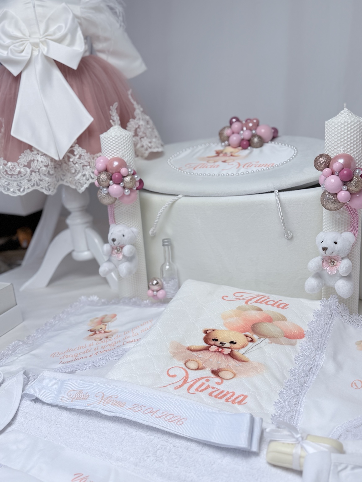 Trusou de botez personalizat de lux pentru fetiță alb și roz Rêve de Ballerine – ursuleț balerină cu balonașe - imagine 6