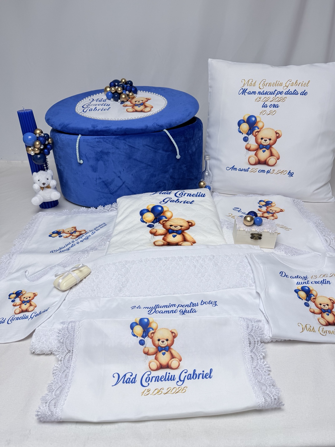 Pachet complet de botez LUX pentru băiețel albastru regal Ourson Bleu d’Or – ursuleț cu balonașe - imagine 5