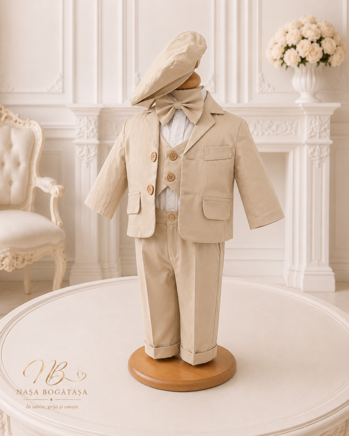 Costum de botez băiețel bej cu vestă și bască Louis