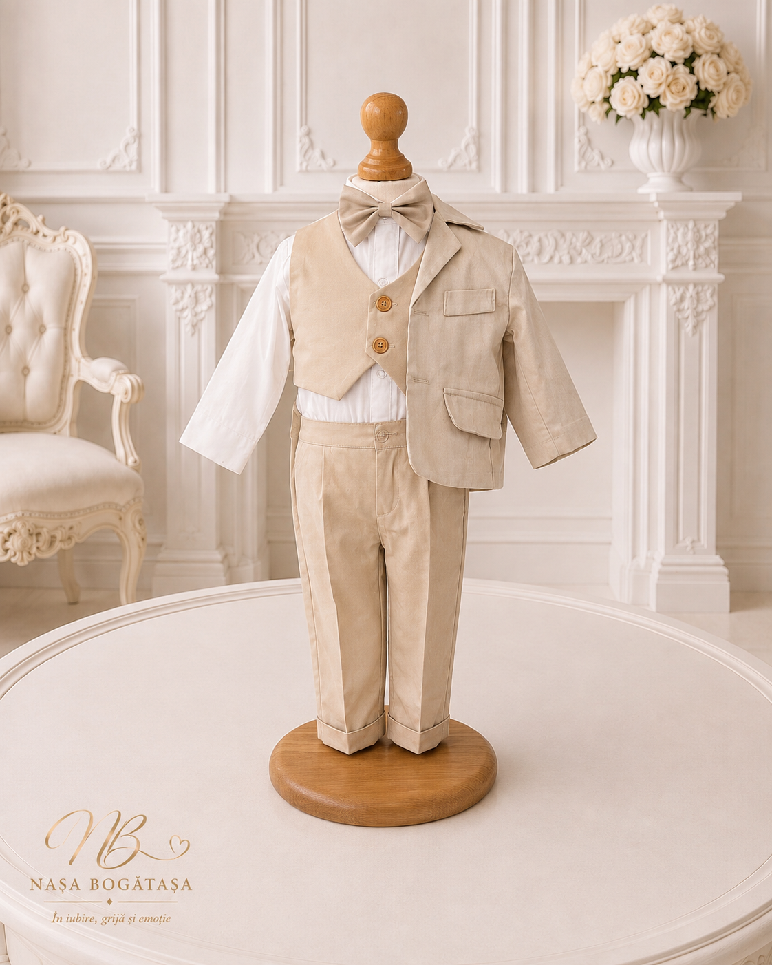 Costum de botez băiețel bej cu vestă și bască Louis - imagine 3