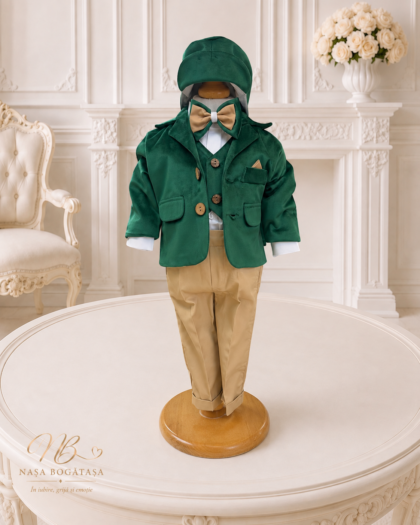 Costum de botez băiețel verde smarald cu bonetă Gaspard