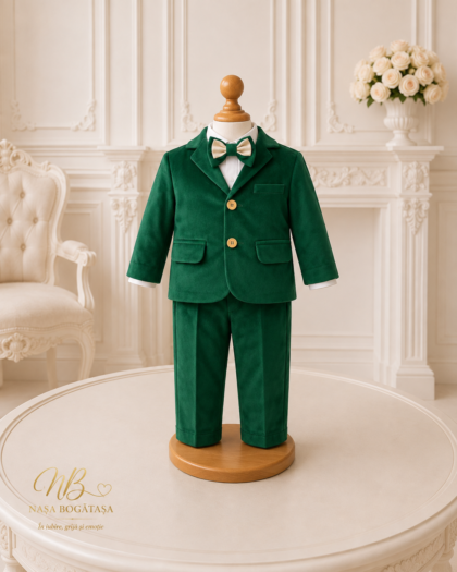 Costum de botez băiețel verde smarald cu sacou și vestă Amaury