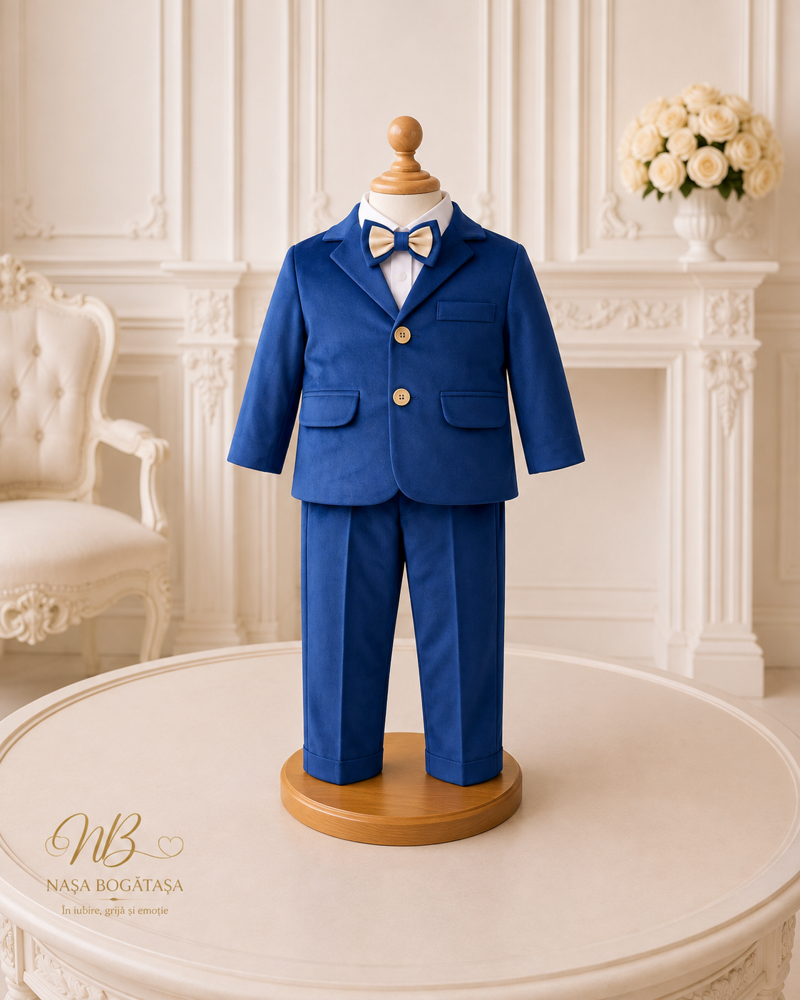 Costum de botez băiețel albastru regal cu sacou și vestă Maxence