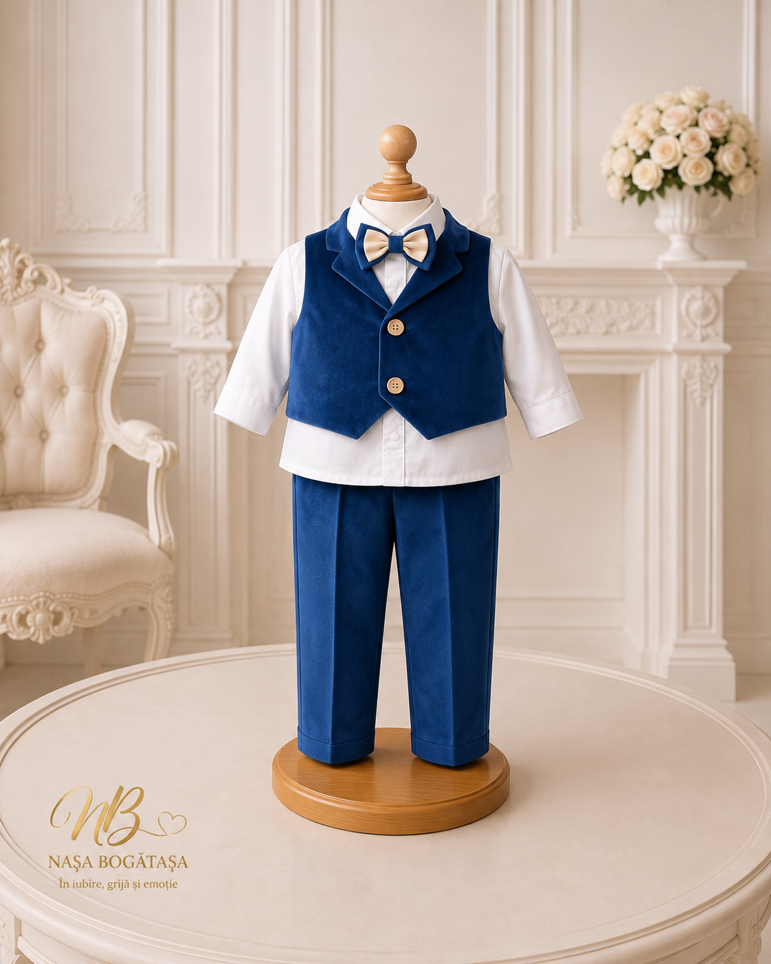 Costum albastru regal pentru băiețel prezentat cu sacou