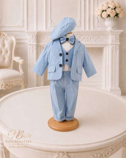 Costum de botez băiețel bleu cu vestă și bască Célian, prezentat din față