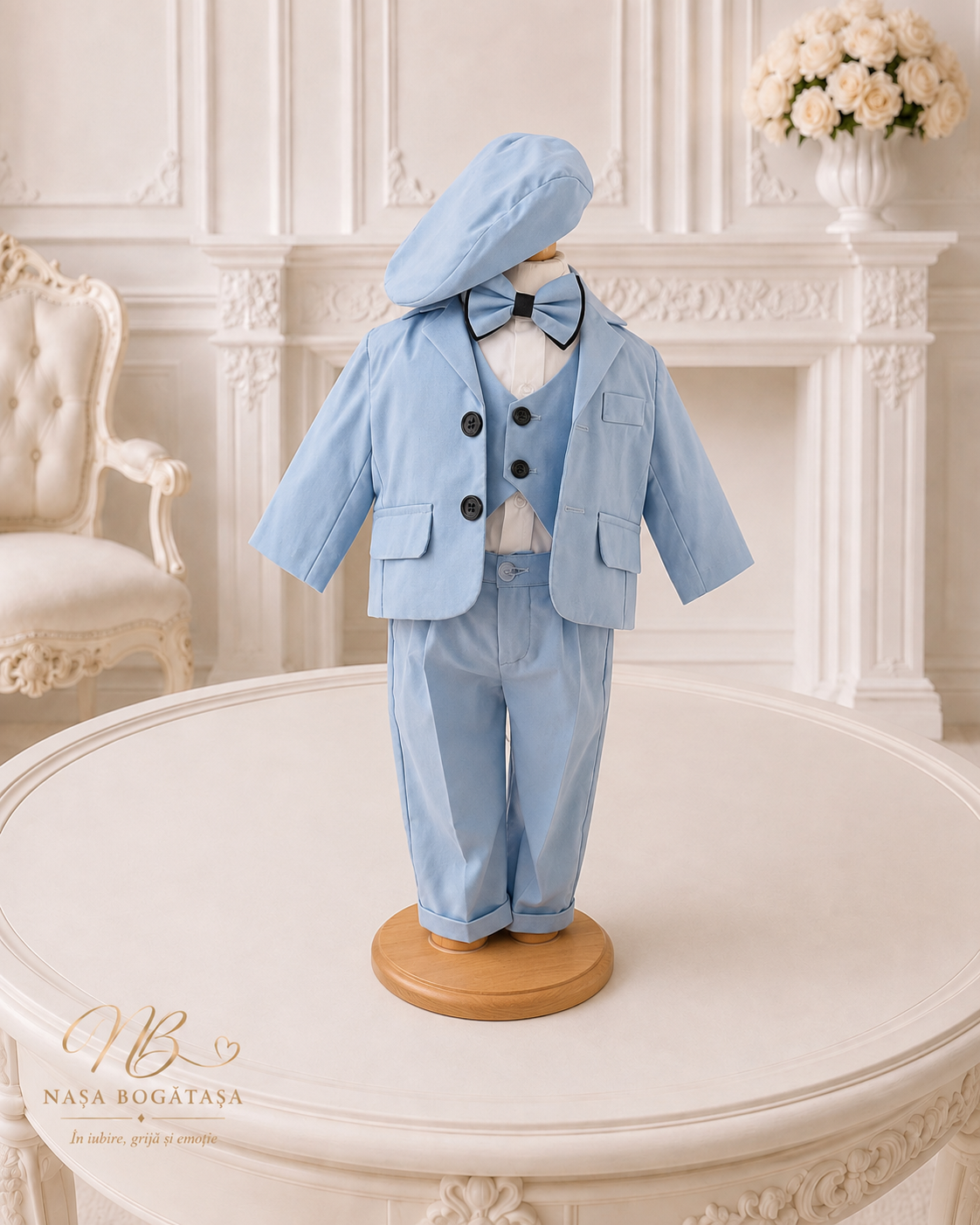Costum de botez băiețel bleu cu vestă și bască Célian, prezentat din față
